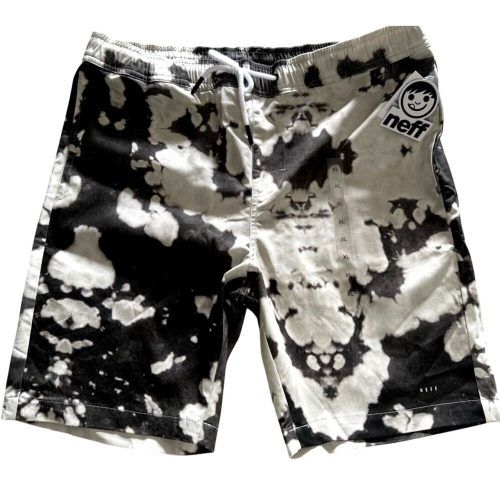 Mens Neff Board Shorts Elastic Waist Drawstring Pockets Black White Splat Sz Lg